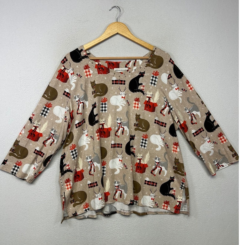 Christmas Holiday Cat Alfred Dunner Women 2X Tan 3/4 Sleeve Top Winter Quirky